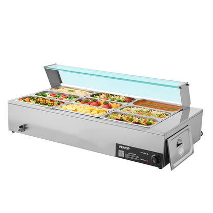 Commercial Food Warmer, 1500W Electric Stainless Steel Steam Food Warmer with Glass Cover, 9-Pan Countertop Buffet Bain Marie with Soup & Perforated Ladles, for Catering, Restaurant & Party