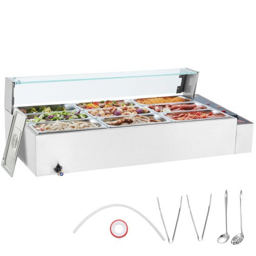 9-Pan Commercial Food Warmer, 9 x 5QT Electric Steam Table with Glass Cover, 1500W Countertop Stainless Steel Buffet Bain Marie 86-185°F Temp Control for Catering, Restaurants, Silver