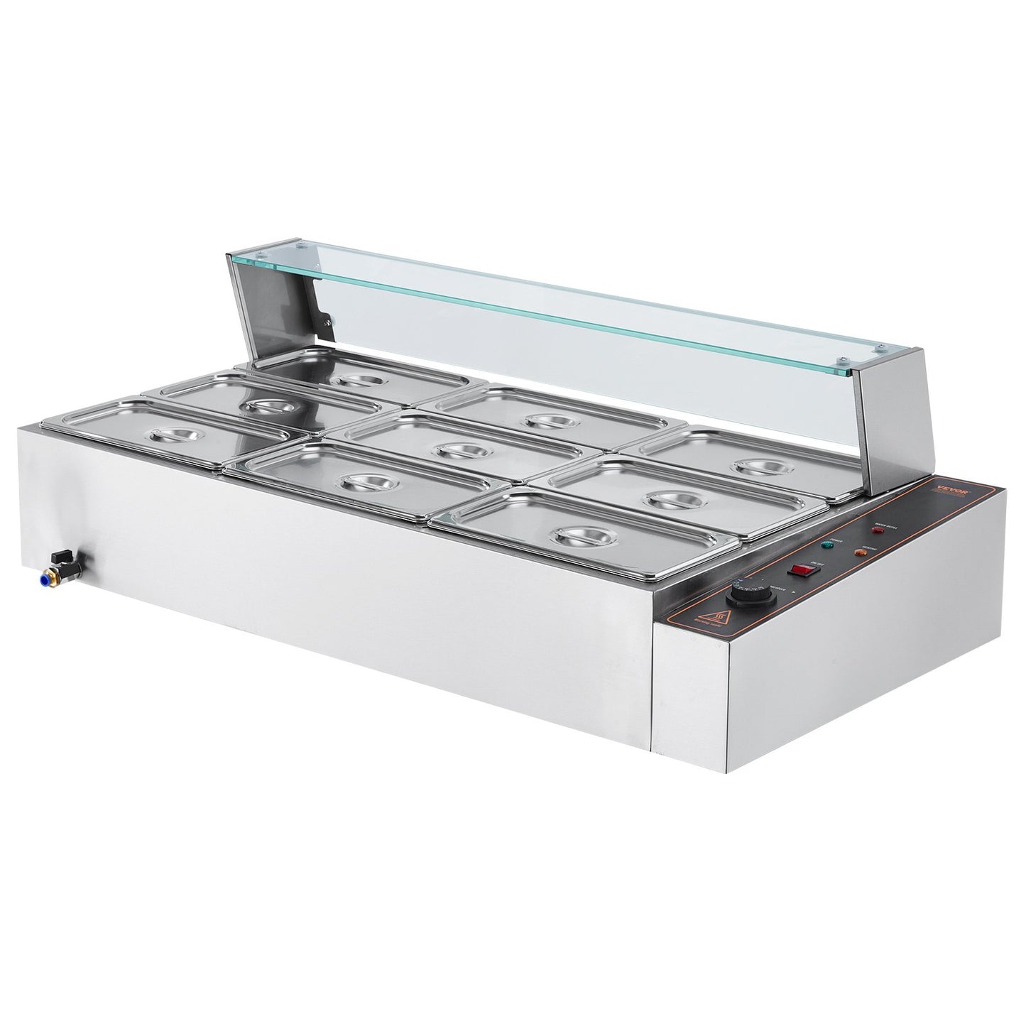 9-Pan Commercial Food Warmer, 9 x 5QT Electric Steam Table with Glass Cover, 1500W Countertop Stainless Steel Buffet Bain Marie 86-185°F Temp Control for Catering, Restaurants, Silver