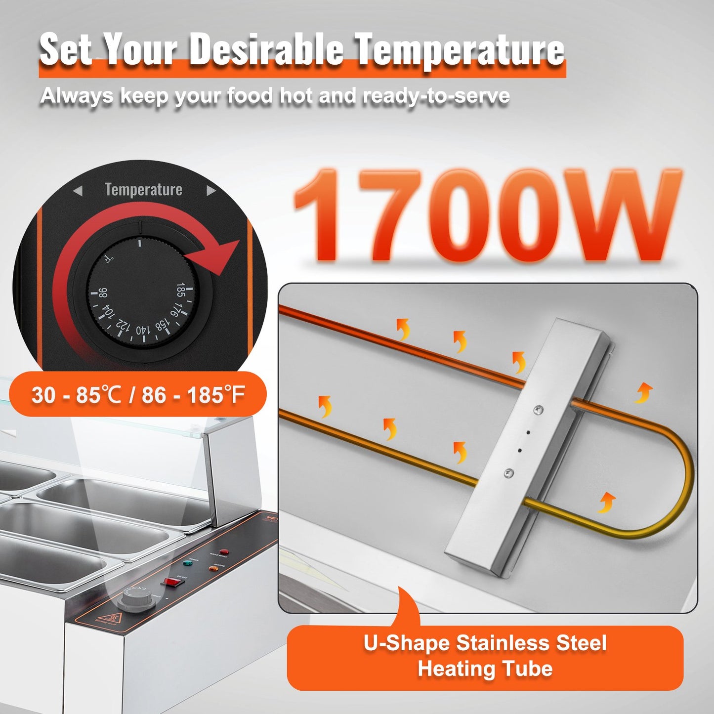 12-Pan Commercial Food Warmer, 12 x 5QT Electric Steam Table with Glass Cover, 1700W Countertop Stainless Steel Buffet Bain Marie 86-185°F Temp Control for Catering, Restaurants, Silver