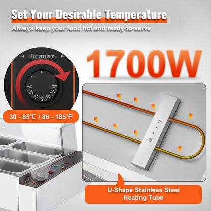 12-Pan Commercial Food Warmer, 12 x 5QT Electric Steam Table with Glass Cover, 1700W Countertop Stainless Steel Buffet Bain Marie 86-185°F Temp Control for Catering, Restaurants, Silver