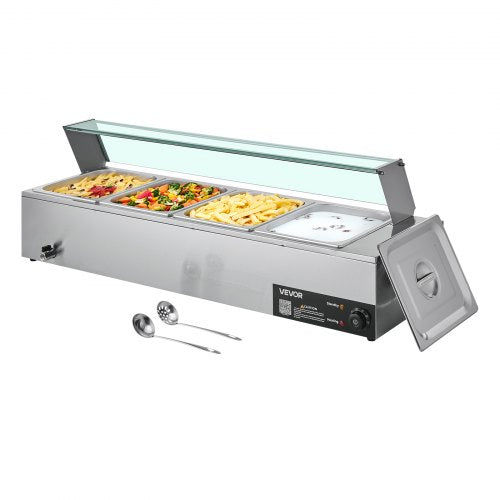 Commercial Food Warmer, 1500W Electric Stainless Steel Steam Food Warmer with Glass Cover, 4-Pan Countertop Buffet Bain Marie with Soup & Perforated Ladles, for Catering, Restaurant & Party
