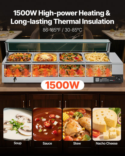 Commercial Food Warmer, 1500W Electric Stainless Steel Steam Food Warmer with Glass Cover, 4-Pan Countertop Buffet Bain Marie with Soup & Perforated Ladles, for Catering, Restaurant & Party