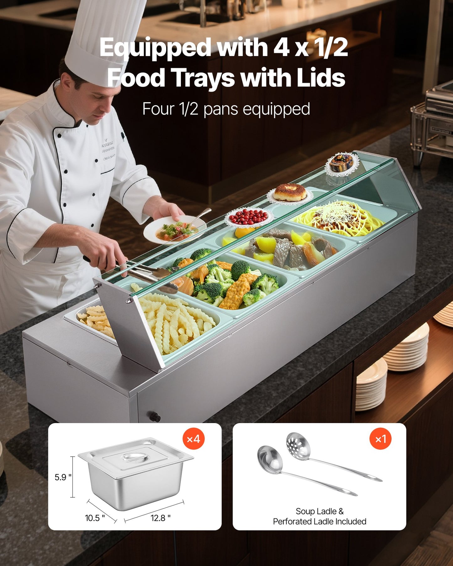 Commercial Food Warmer, 1500W Electric Stainless Steel Steam Food Warmer with Glass Cover, 4-Pan Countertop Buffet Bain Marie with Soup & Perforated Ladles, for Catering, Restaurant & Party