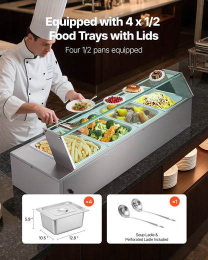 Commercial Food Warmer, 1500W Electric Stainless Steel Steam Food Warmer with Glass Cover, 4-Pan Countertop Buffet Bain Marie with Soup & Perforated Ladles, for Catering, Restaurant & Party
