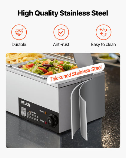 Commercial Food Warmer, 1500W Electric Stainless Steel Steam Food Warmer with Glass Cover, 4-Pan Countertop Buffet Bain Marie with Soup & Perforated Ladles, for Catering, Restaurant & Party