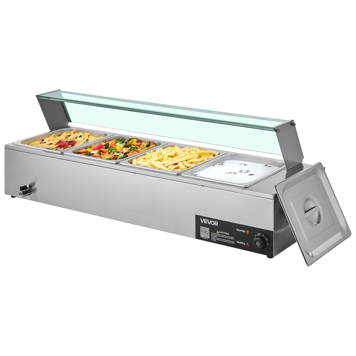 Commercial Food Warmer, 1500W Electric Stainless Steel Steam Food Warmer with Glass Cover, 4-Pan Countertop Buffet Bain Marie with Soup & Perforated Ladles, for Catering, Restaurant & Party