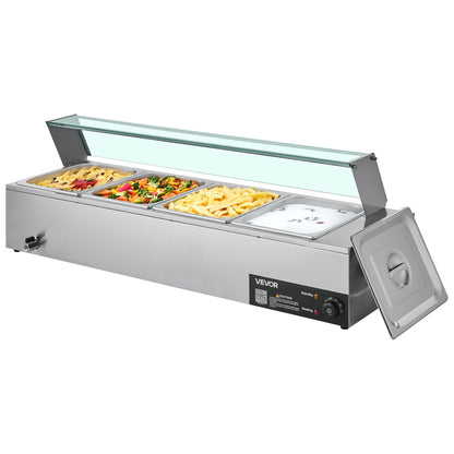 Commercial Food Warmer, 1500W Electric Stainless Steel Steam Food Warmer with Glass Cover, 4-Pan Countertop Buffet Bain Marie with Soup & Perforated Ladles, for Catering, Restaurant & Party