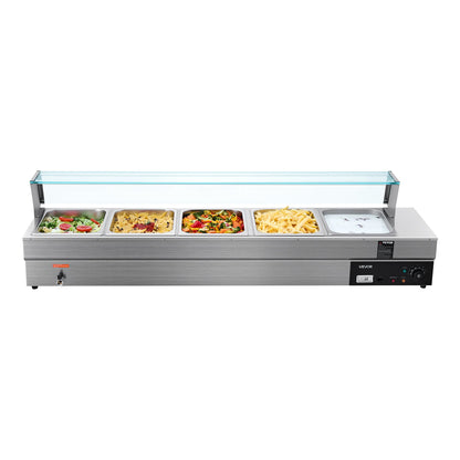 Commercial Food Warmer, 5-Pan Electric Steam Table with Glass Cover, 1500W Countertop Stainless Steel Buffet Bain Marie with 30-85°C Temp Control for Catering, Buffet, Parties, Restaurants