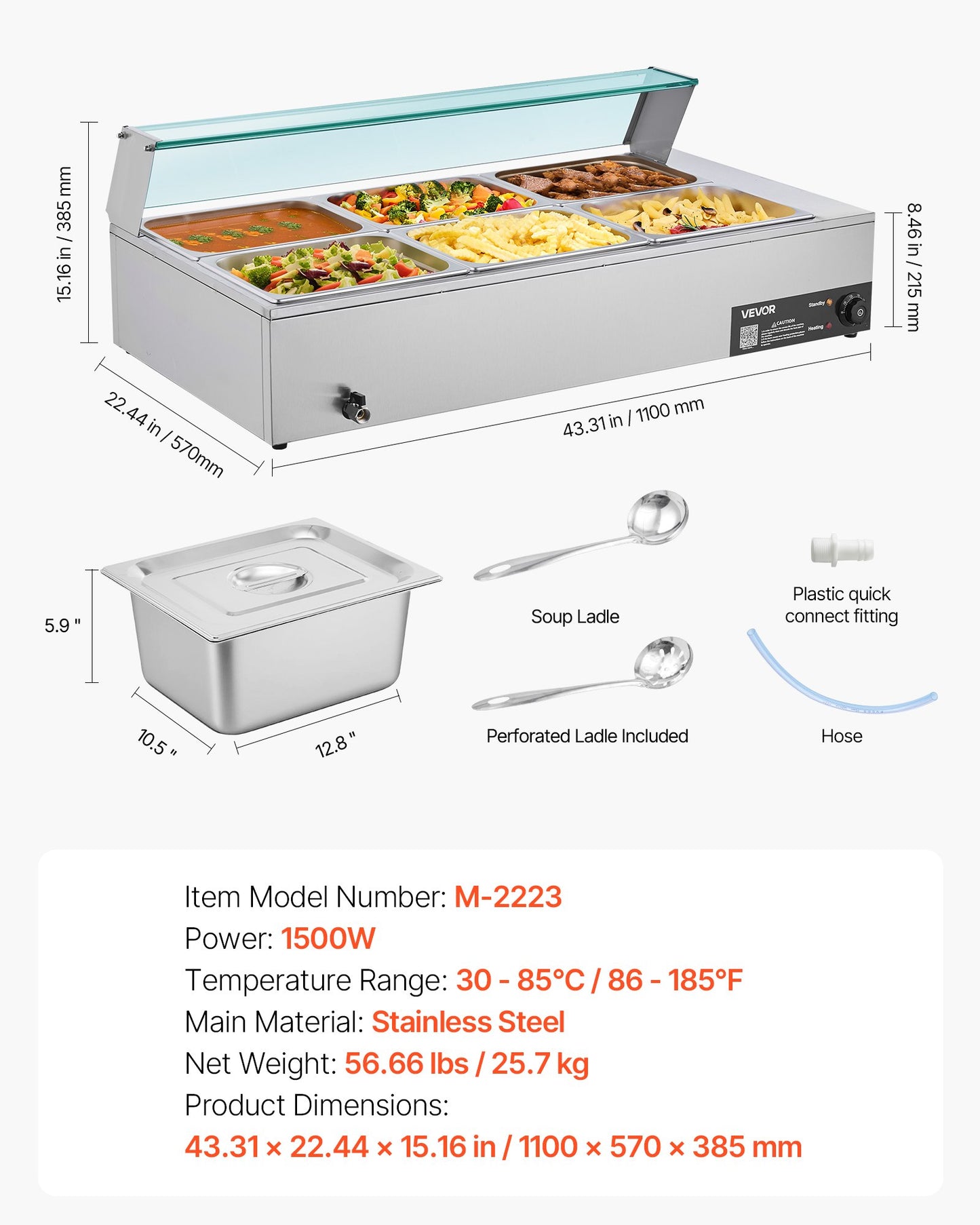 Commercial Food Warmer, 1500W Electric Stainless Steel Steam Food Warmer with Glass Cover, 6 x 1/2 Size Pans Buffet Bain Marie with Soup & Perforated Ladles, for Catering, Restaurant & Party