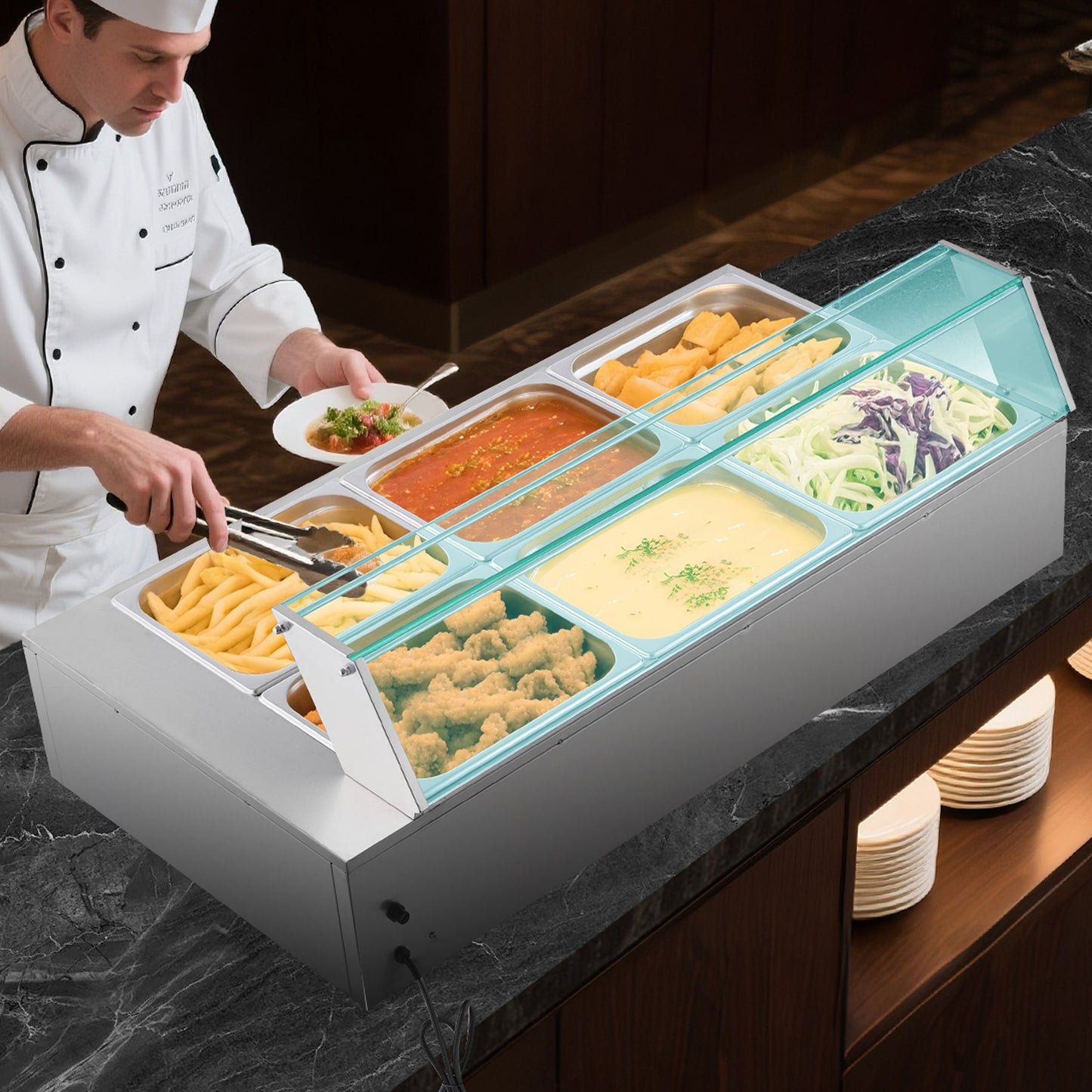 Commercial Food Warmer, 1500W Electric Stainless Steel Steam Food Warmer with Glass Cover, 6 x 1/2 Size Pans Buffet Bain Marie with Soup & Perforated Ladles, for Catering, Restaurant & Party