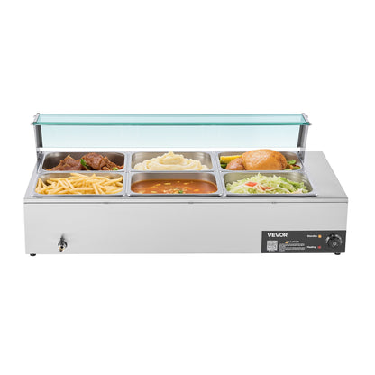 Commercial Food Warmer, 1500W Electric Stainless Steel Steam Food Warmer with Glass Cover, 6 x 1/2 Size Pans Buffet Bain Marie with Soup & Perforated Ladles, for Catering, Restaurant & Party