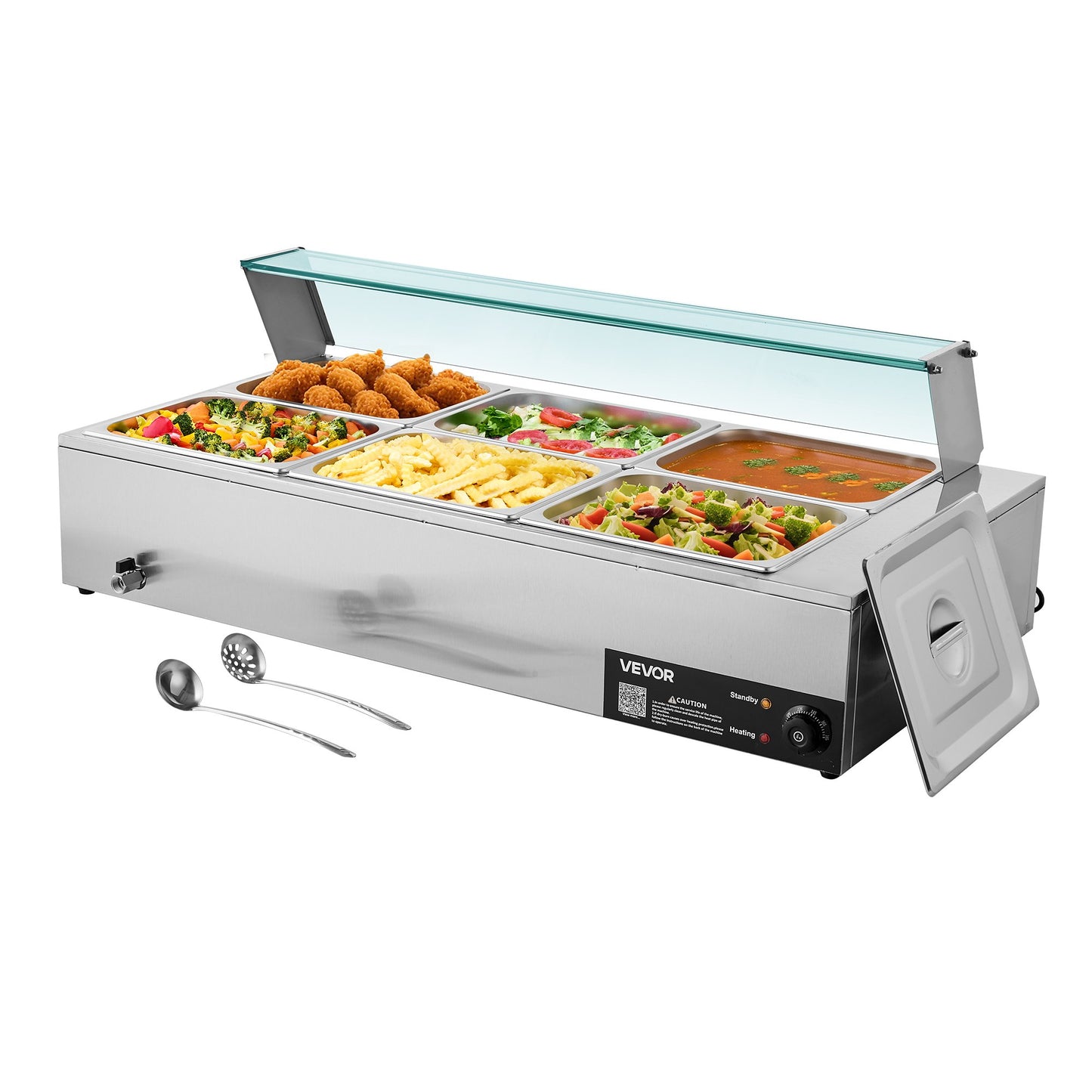 Commercial Food Warmer, 1500W Electric Stainless Steel Steam Food Warmer with Glass Cover, 6 x 1/2 Size Pans Buffet Bain Marie with Soup & Perforated Ladles, for Catering, Restaurant & Party