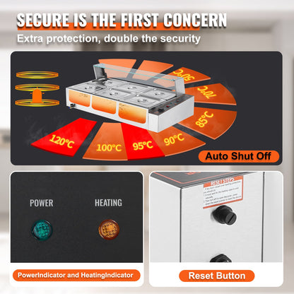 6-Pan Commercial Food Warmer, 6 x 8QT Electric Steam Table with Glass Cover, 1500W Countertop Stainless Steel Buffet Bain Marie 86-185°F Temp Control for Catering, Restaurants, Silver