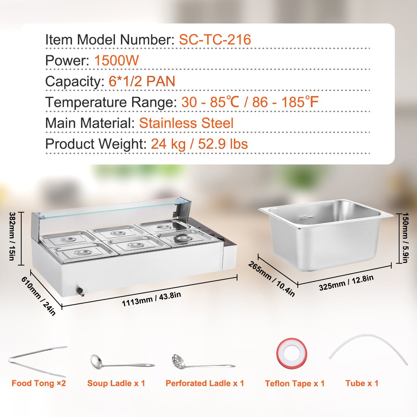 6-Pan Commercial Food Warmer, 6 x 8QT Electric Steam Table with Glass Cover, 1500W Countertop Stainless Steel Buffet Bain Marie 86-185°F Temp Control for Catering, Restaurants, Silver