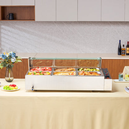 6-Pan Commercial Food Warmer, 6 x 8QT Electric Steam Table with Glass Cover, 1500W Countertop Stainless Steel Buffet Bain Marie 86-185°F Temp Control for Catering, Restaurants, Silver