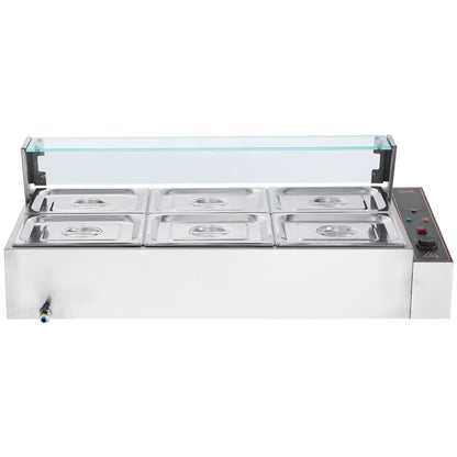 6-Pan Commercial Food Warmer, 6 x 8QT Electric Steam Table with Glass Cover, 1500W Countertop Stainless Steel Buffet Bain Marie 86-185°F Temp Control for Catering, Restaurants, Silver