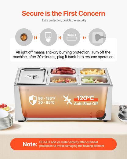 Commercial Food Warmer, 5-Pan Electric Steam Table, 1200W Professional Countertop Stainless Steel Buffet Bain Marie with 30-85°C Temp Control for Catering, Buffet, Parties, Restaurants