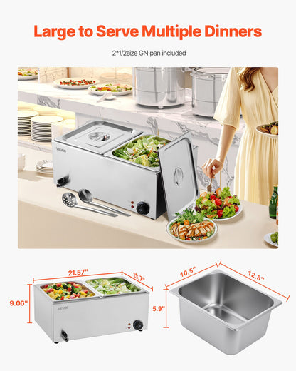 Commercial Food Warmer, 2-Pan Electric Steam Table, 1200W Professional Countertop Stainless Steel Buffet Bain Marie with 30-85°C Temp Control for Catering, Buffet, Parties, Restaurants