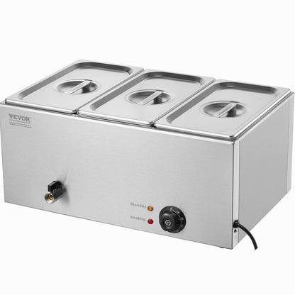 3-Pan Commercial Food Warmer, 16.5L Electric Steam Table, 1200W Professional Countertop Stainless Steel Buffet Bain Marie with 86-185°F Temp Control for Catering and Restaurants, Silver