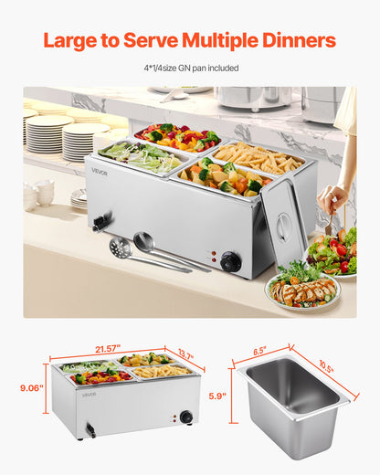 Commercial Food Warmer, 4-Pan Electric Steam Table, 1200W Professional Countertop Stainless Steel Buffet Bain Marie with 30-85°C Temp Control for Catering, Buffet, Parties, Restaurants