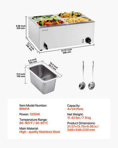 Commercial Food Warmer, 4-Pan Electric Steam Table, 1200W Professional Countertop Stainless Steel Buffet Bain Marie with 30-85°C Temp Control for Catering, Buffet, Parties, Restaurants