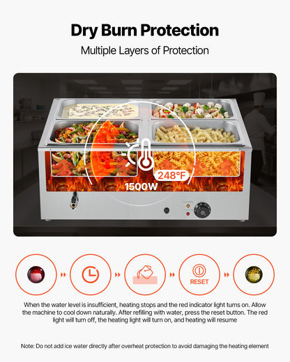 Commercial Food Warmer, 1500W Electric Stainless Steel Steam Food Warmer with Lid, 4-Pan Fast Heating Countertop Buffet Bain Marie with Soup & Perforated Ladles, for Catering, Restaurant, Party