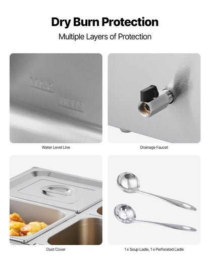 Commercial Food Warmer, 1500W Electric Stainless Steel Steam Food Warmer with Lid, 4-Pan Fast Heating Countertop Buffet Bain Marie with Soup & Perforated Ladles, for Catering, Restaurant, Party