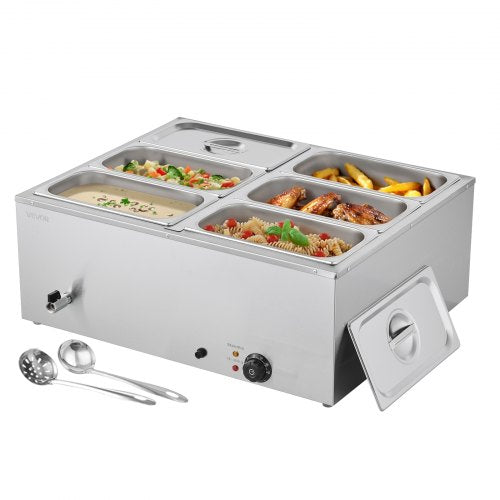 Commercial Food Warmer, 1500W Electric Stainless Steel Steam Food Warmer with Lid, 6-Pan Fast Heating Countertop Buffet Bain Marie with Soup & Perforated Ladles, for Catering, Restaurant, Party