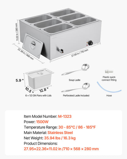 Commercial Food Warmer, 1500W Electric Stainless Steel Steam Food Warmer with Lid, 6-Pan Fast Heating Countertop Buffet Bain Marie with Soup & Perforated Ladles, for Catering, Restaurant, Party