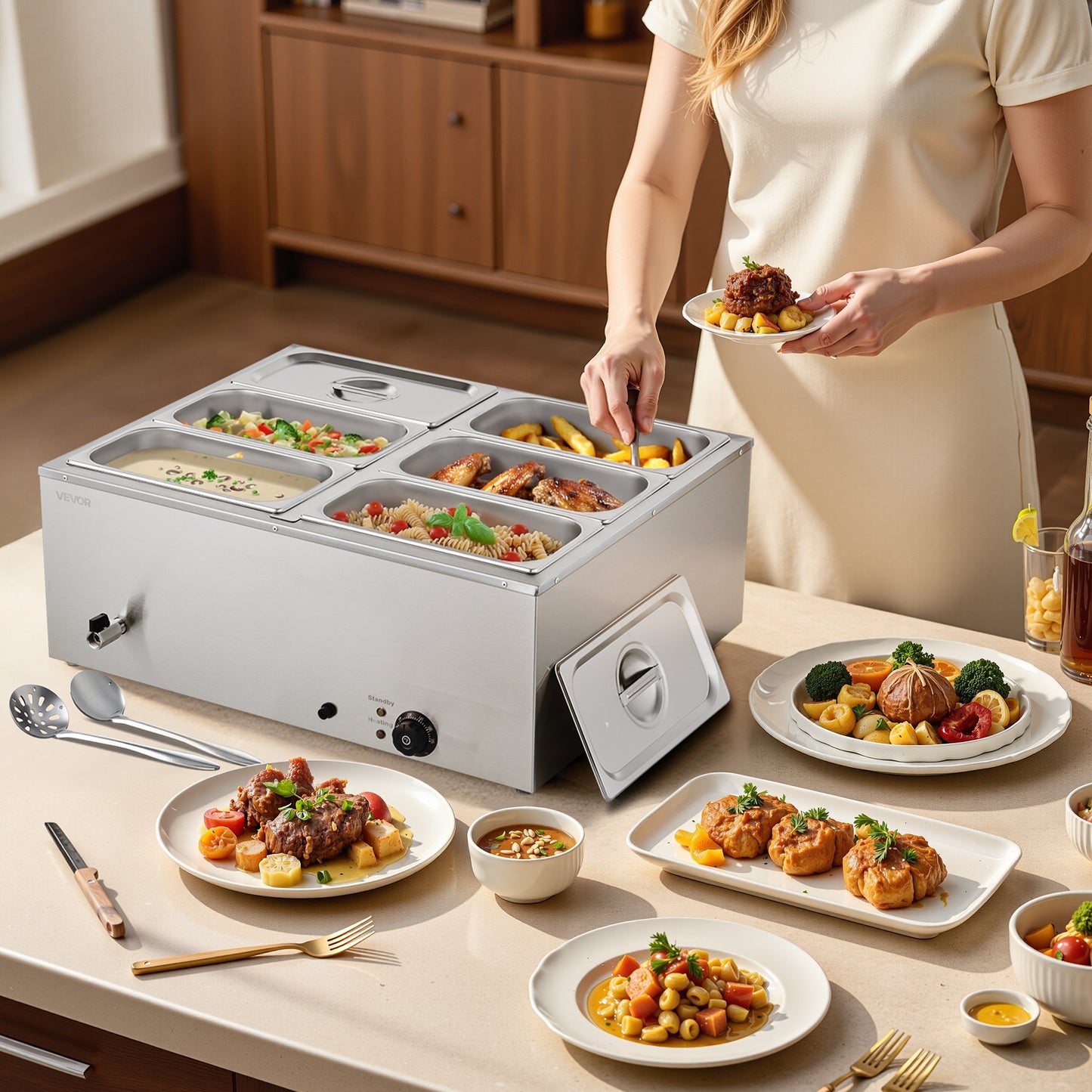 Commercial Food Warmer, 1500W Electric Stainless Steel Steam Food Warmer with Lid, 6-Pan Fast Heating Countertop Buffet Bain Marie with Soup & Perforated Ladles, for Catering, Restaurant, Party