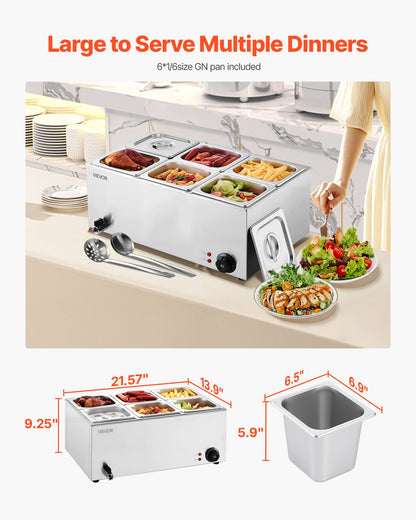 Commercial Food Warmer, 6-Pan Electric Steam Table, 1200W Professional Countertop Stainless Steel Buffet Bain Marie with 30-85°C Temp Control for Catering, Buffet, Parties, Restaurants