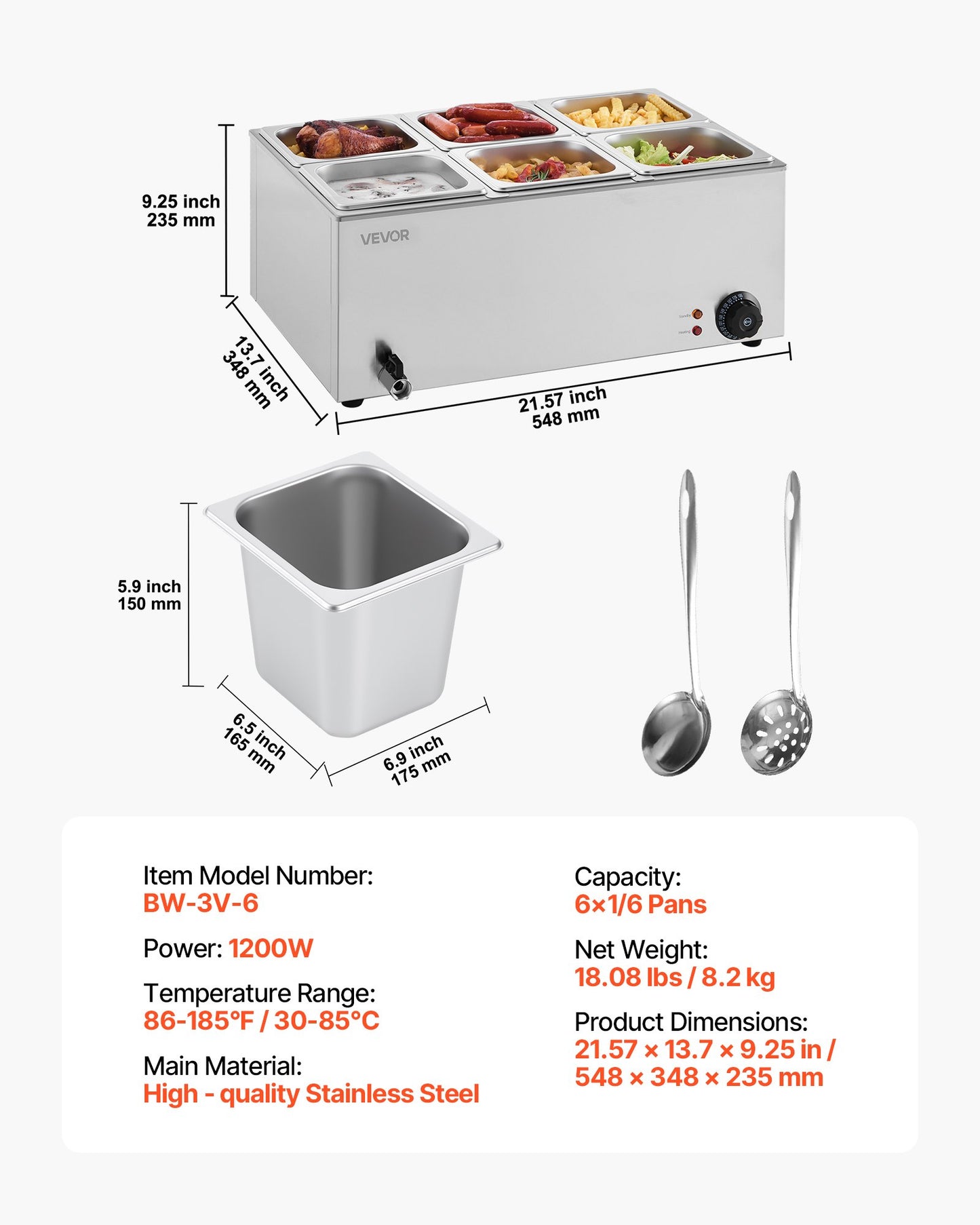 Commercial Food Warmer, 6-Pan Electric Steam Table, 1200W Professional Countertop Stainless Steel Buffet Bain Marie with 30-85°C Temp Control for Catering, Buffet, Parties, Restaurants