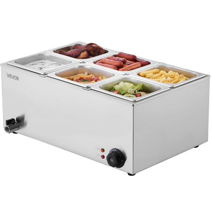 Commercial Food Warmer, 6-Pan Electric Steam Table, 1200W Professional Countertop Stainless Steel Buffet Bain Marie with 30-85°C Temp Control for Catering, Buffet, Parties, Restaurants