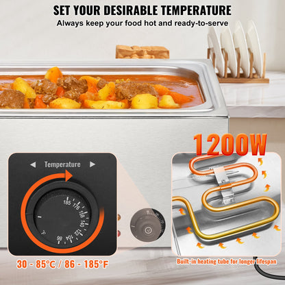 Commercial Food Warmer 18L Bain Marie 1200W Electric Buffet Warmer Steam Table Food Warmer Countertop Stainless Steel Food Warmer Wet or Dry Use for Parties, Catering and Restaurant