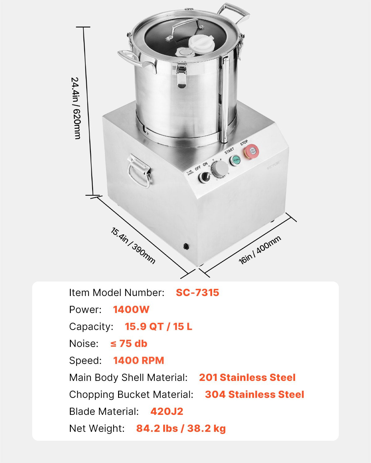 Food Processor & Vegetable Chopper, 15L Food-Grade Stainless Steel Food Processor Chopper with 2 Extra S-Curve Blades, Ideal for Chopping Vegetables, Fruit, Grains, Nuts