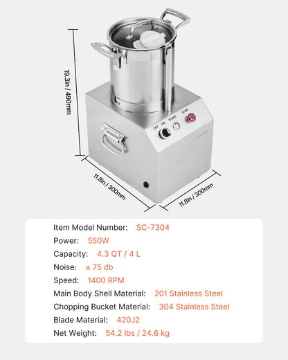 Food Processor & Vegetable Chopper, 4L Food-Grade Stainless Steel Food Processor Chopper with 2 Extra S-Curve Blades, Ideal for Chopping Vegetables, Fruit, Grains, Nuts