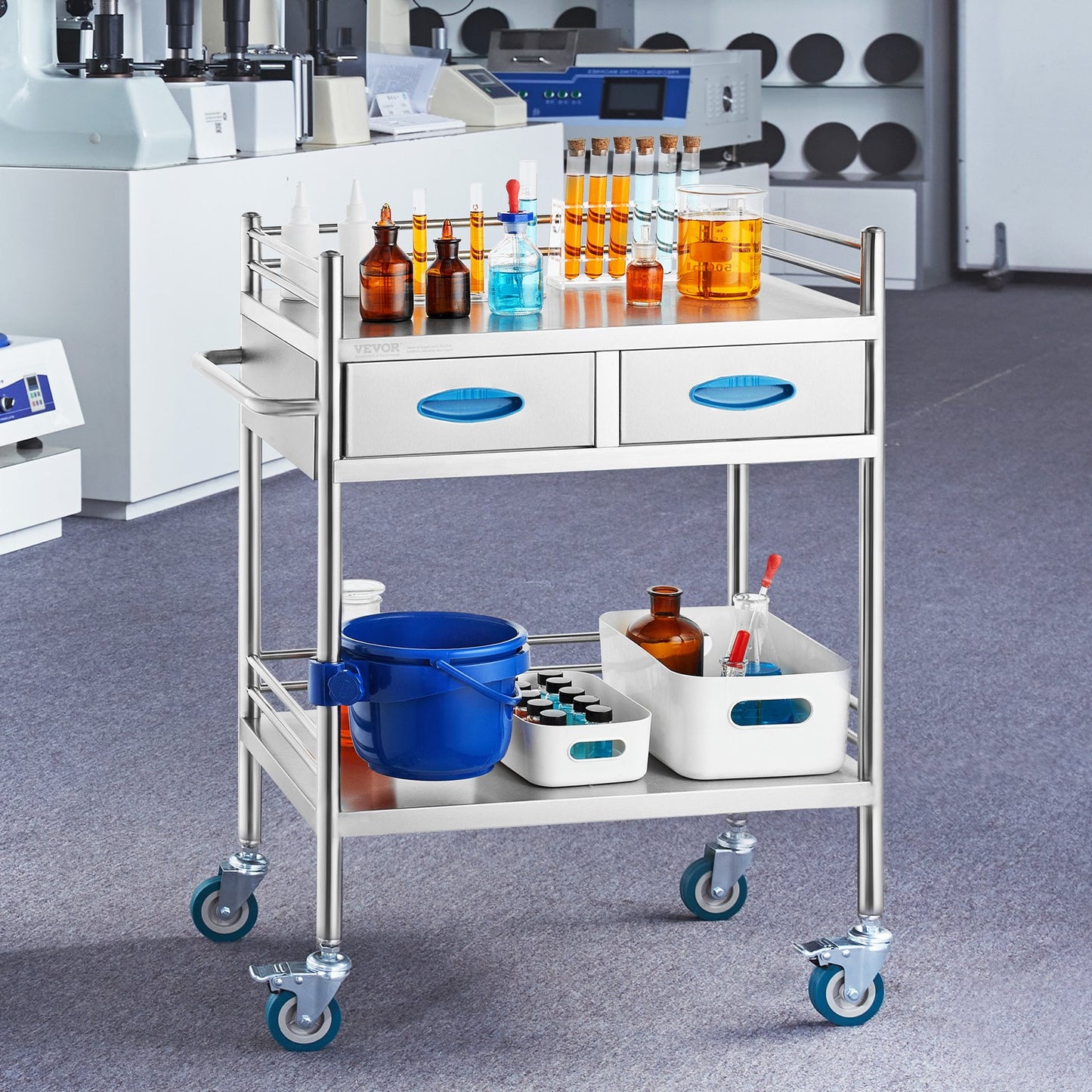 Lab Serving Cart, 2 Layers Stainless Steel Utility Rolling Cart, Medical Cart with Two Drawers, Dental Utility Cart with Lockable Wheels and A Bucket, for Laboratory, Hospital, Dental Use