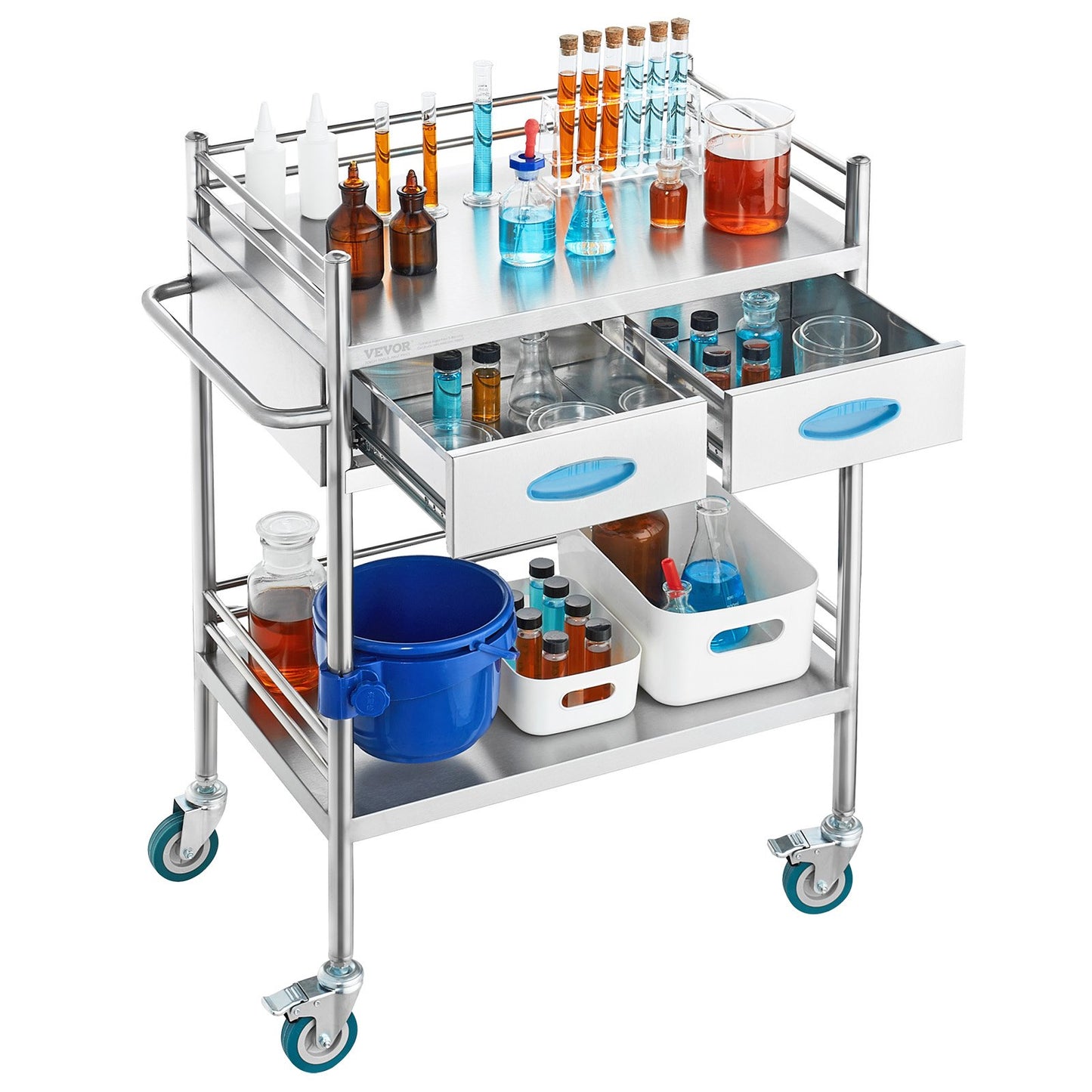 Lab Serving Cart, 2 Layers Stainless Steel Utility Rolling Cart, Medical Cart with Two Drawers, Dental Utility Cart with Lockable Wheels and A Bucket, for Laboratory, Hospital, Dental Use