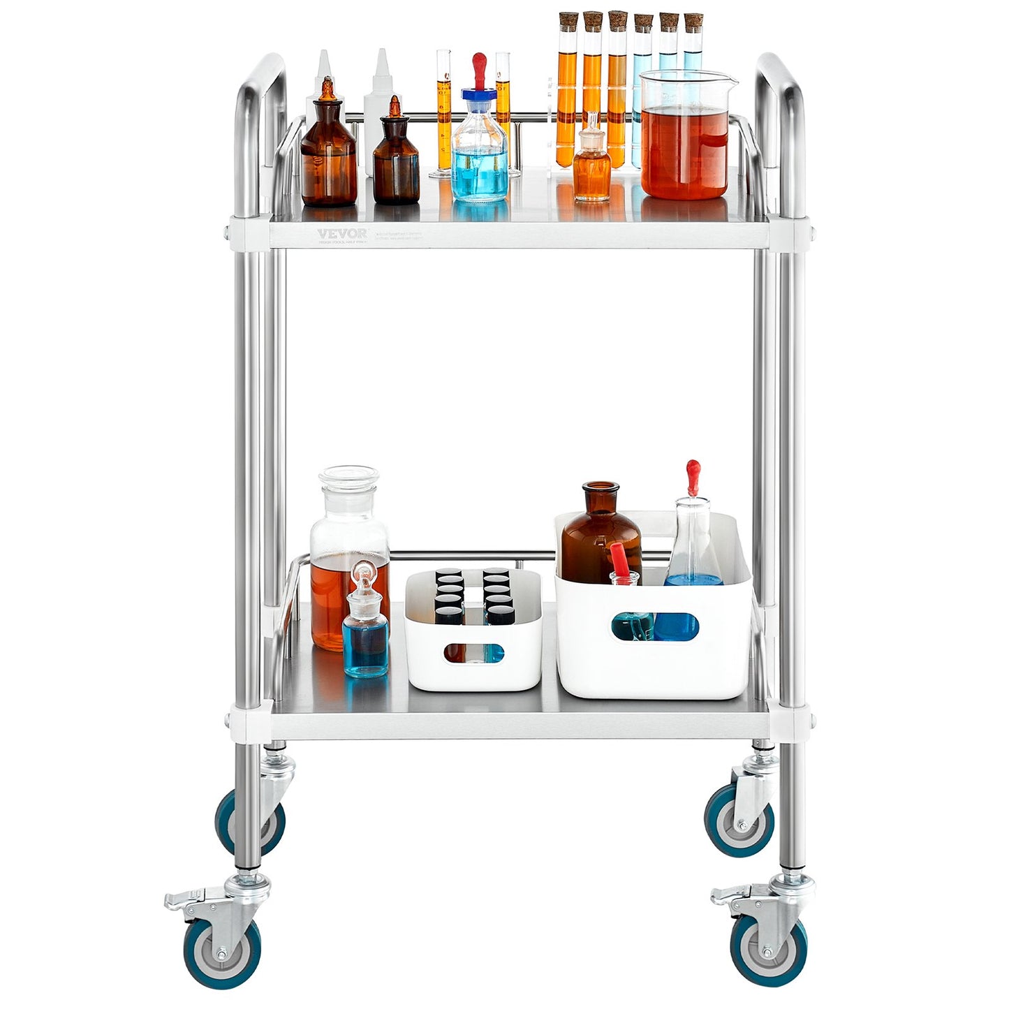 Lab Rolling Cart, 2-Shelf Stainless Steel Rolling Cart, Lab Serving Cart with Swivel Casters, Dental Utility Cart for Clinic, Lab, Hospital, Salon, 385 x 548 x 865 mm