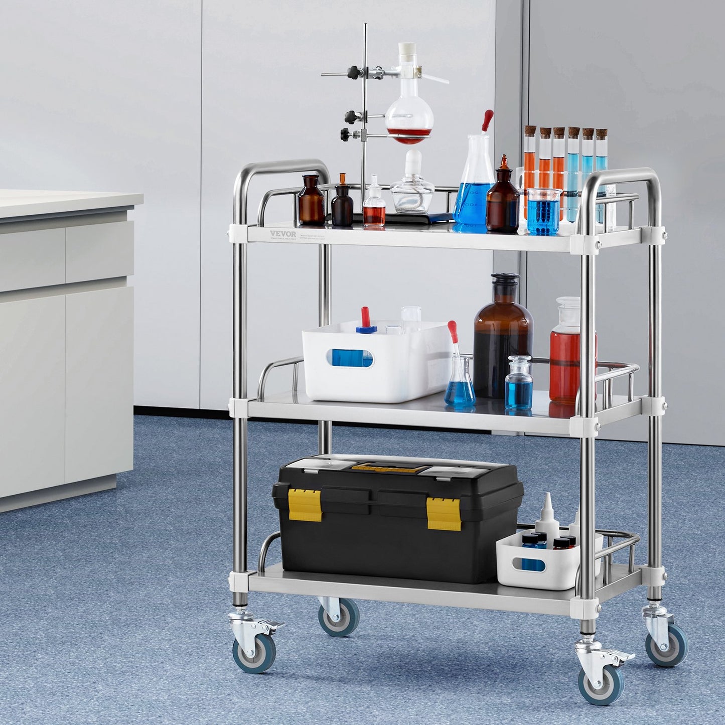 Lab Rolling Cart, 3-Shelf Stainless Steel Rolling Cart, Lab Serving Cart with Swivel Casters, Dental Utility Cart for Clinic, Lab, Hospital, Salon, 70 x 395 x 867 mm