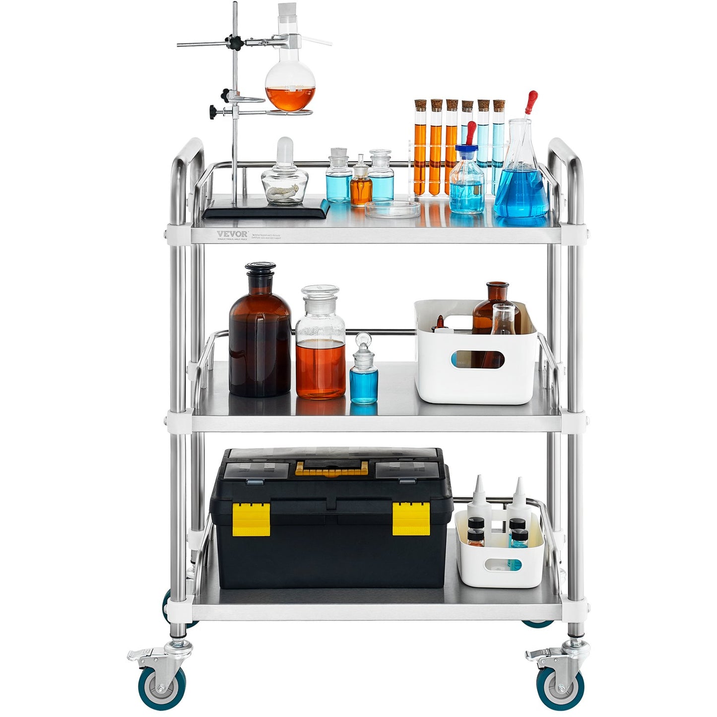 Lab Rolling Cart, 3-Shelf Stainless Steel Rolling Cart, Lab Serving Cart with Swivel Casters, Dental Utility Cart for Clinic, Lab, Hospital, Salon, 70 x 395 x 867 mm