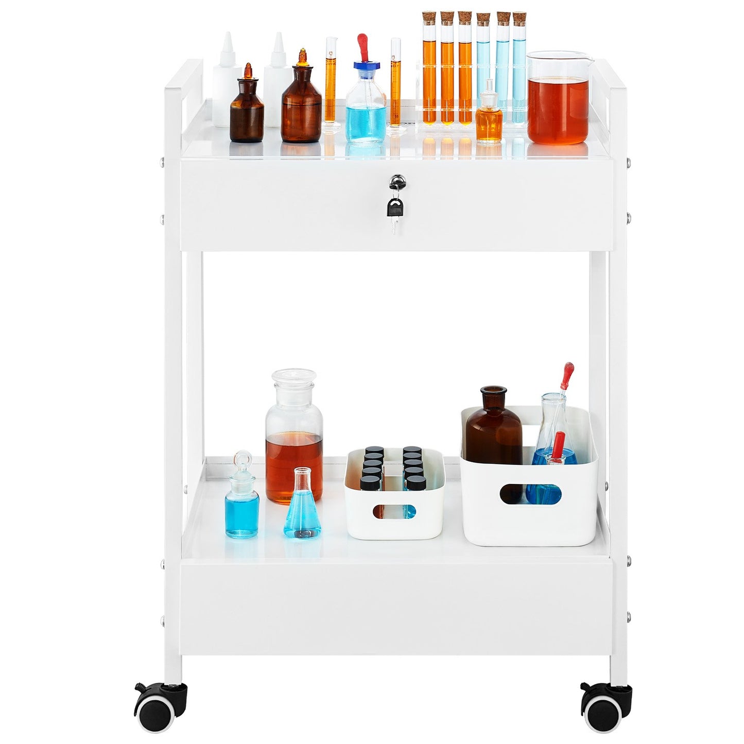 Lab Cart, 2 Tiers Stainless Steel Utility Cart, Medical Cart with 2 Drawers, Rolling Lab Cart White Paint, Serving Cart with Swivel Casters for Laboratory, Hospital, Dental, Salon and Beauty
