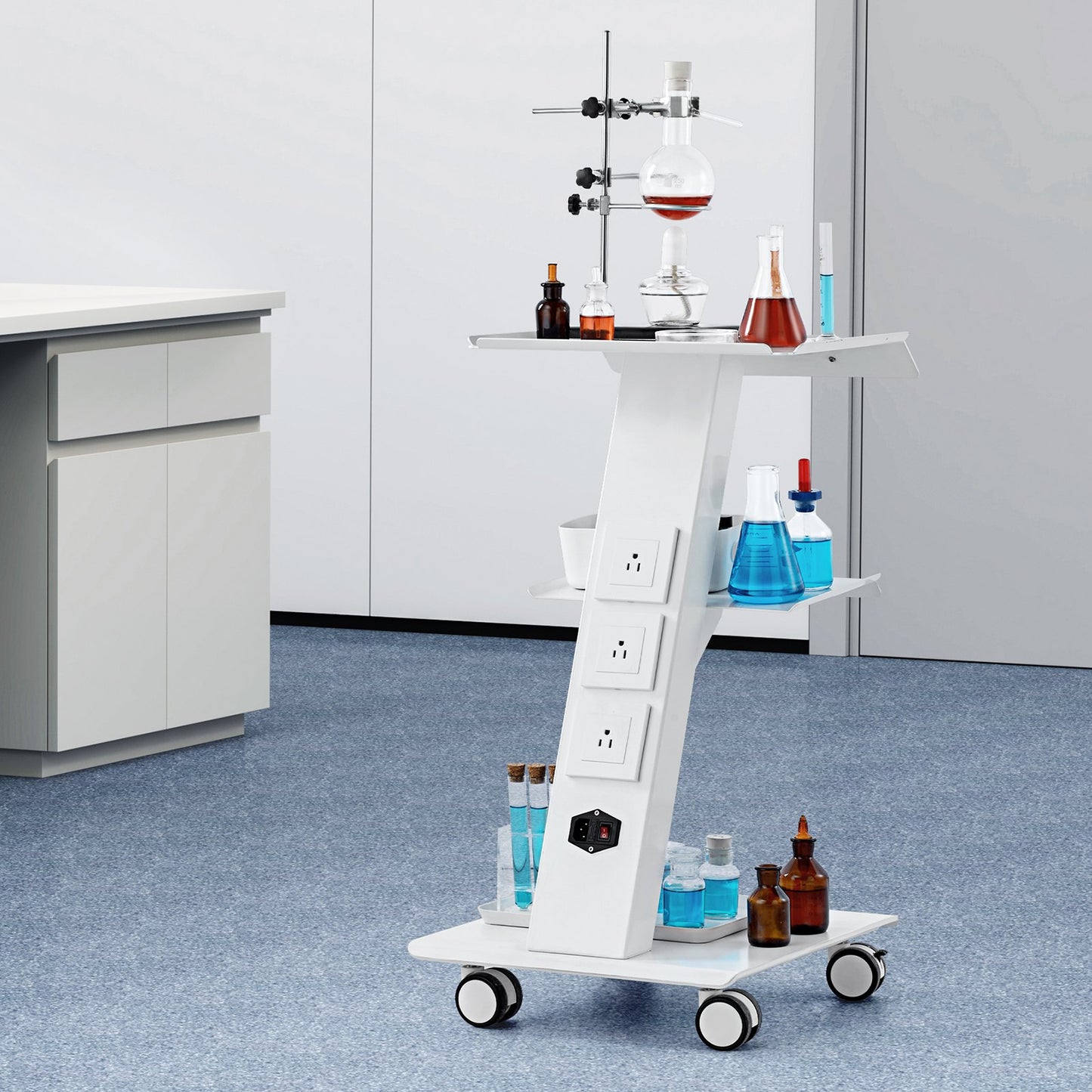 Lab Trolley, Rolling Lab Cart with Built-in Socket, 3-Layer Metal Mobile Trolley, Tray Rolling Clinic Cart with Swivel Wheels, 220 lbs Weight Capacity, for Lab, Clinic, Beauty and Salon