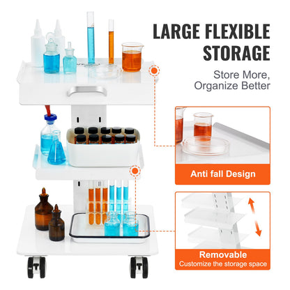 Lab Trolley, 3-Layer Rolling Lab Cart, Metal Mobile Trolley with Swivel Wheels, Tray Rolling Clinic Cart 100 kg Weight Capacity, for Lab, Clinic, Beauty and Salon
