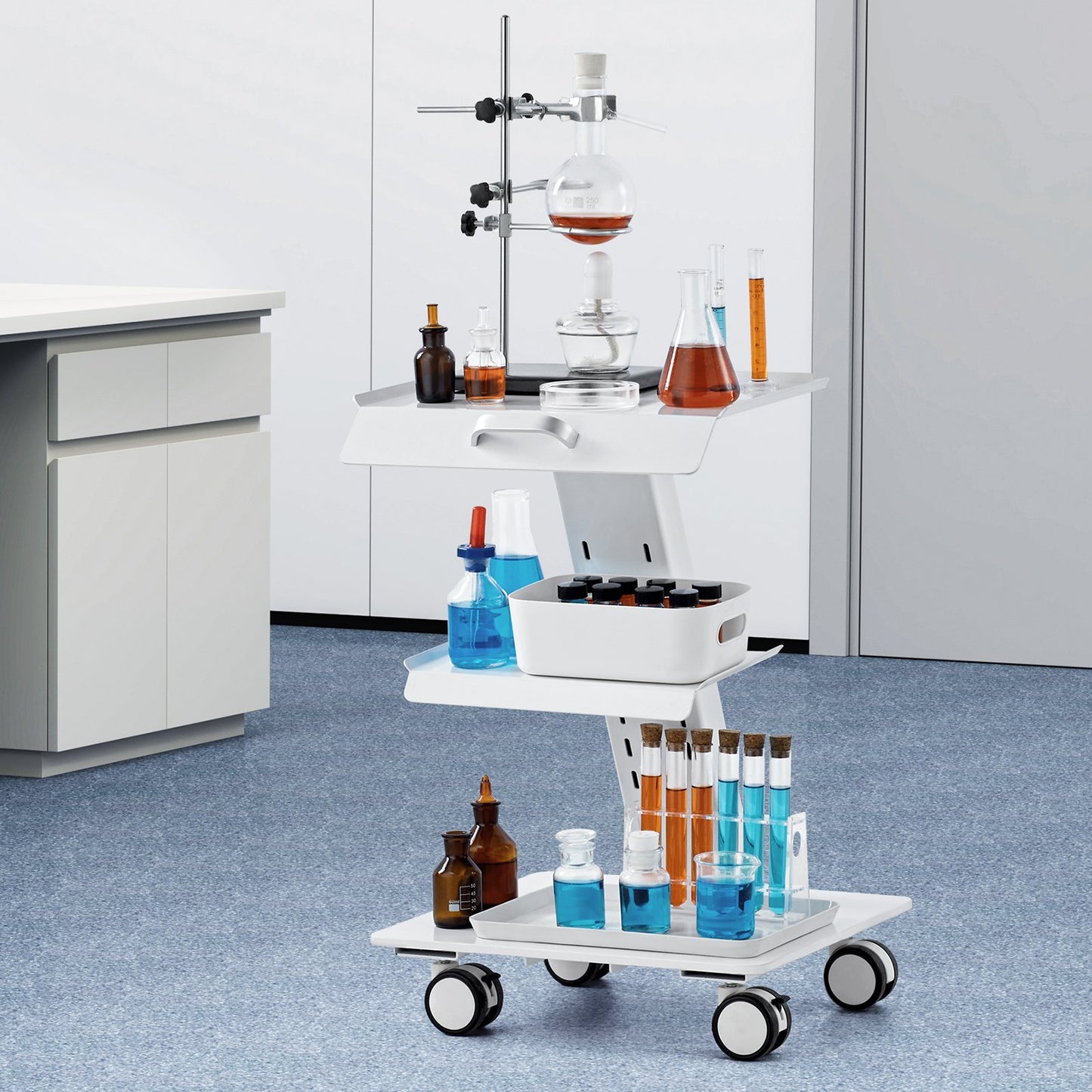 Lab Trolley, 3-Layer Rolling Lab Cart, Metal Mobile Trolley with Swivel Wheels, Tray Rolling Clinic Cart 100 kg Weight Capacity, for Lab, Clinic, Beauty and Salon