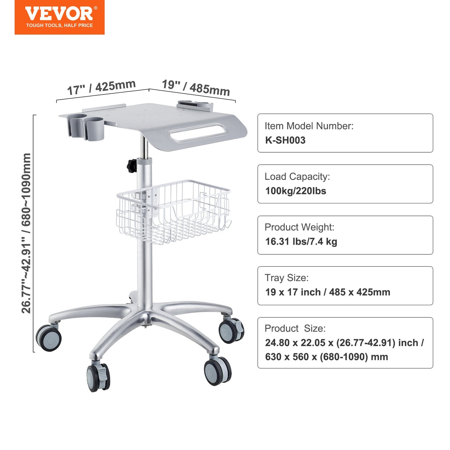 Medical Cart, Salon Cart with Wheels, Mobile Trolley Cart 680-1090 mm Height Adjustable, Metal Salon Stations for Hair Stylist, Rolling Desktop Lab Cart for Clinic, Beauty and Salon