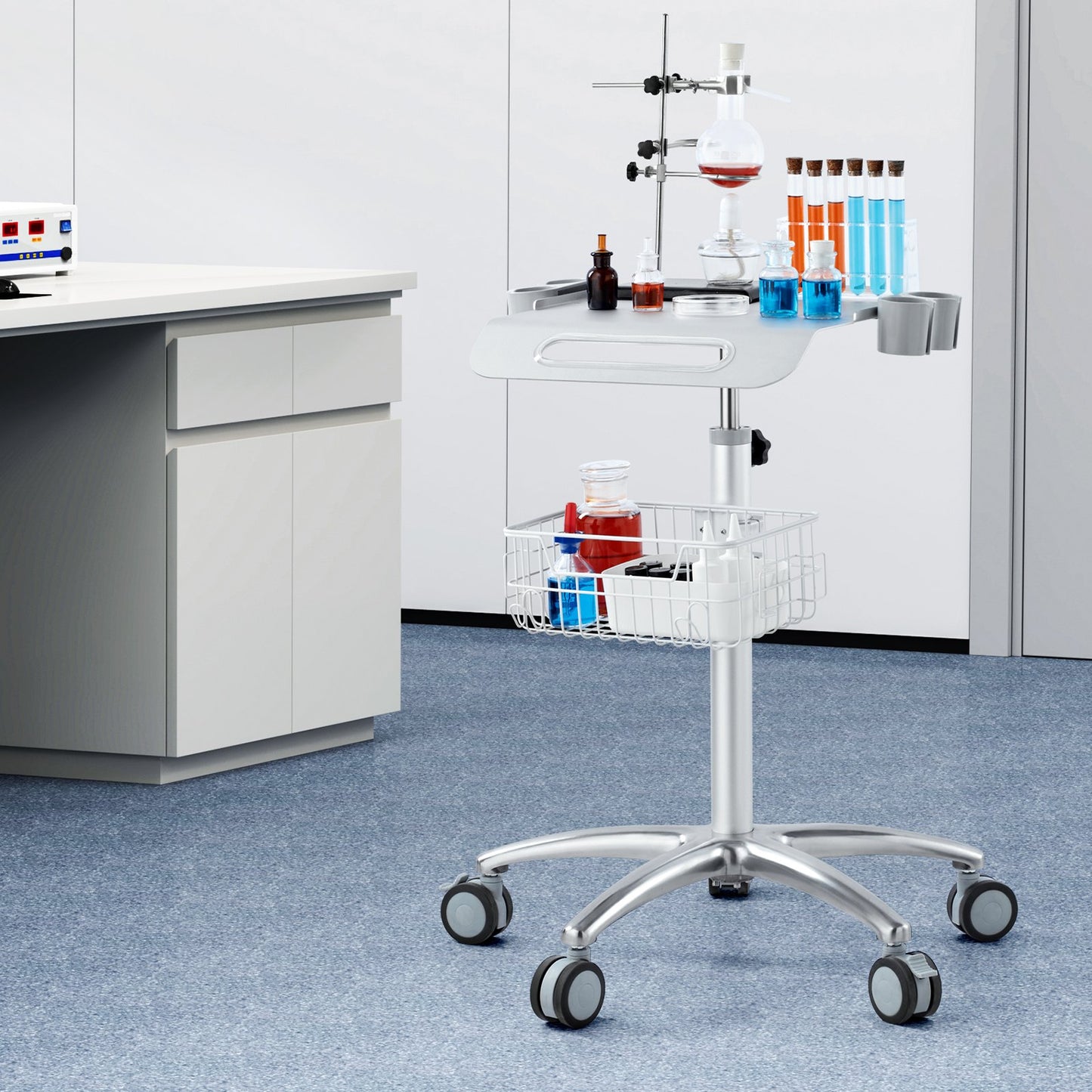 Medical Cart, Salon Cart with Wheels, Mobile Trolley Cart 680-1090 mm Height Adjustable, Metal Salon Stations for Hair Stylist, Rolling Desktop Lab Cart for Clinic, Beauty and Salon