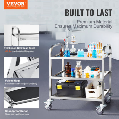 Stainless Steel Cart, 3 Layers Lab Utility Cart 181.4kg Weight Capacity, Medical Cart with Lockable Universal Wheels, for Lab, Clinic, Kitchen, Salon