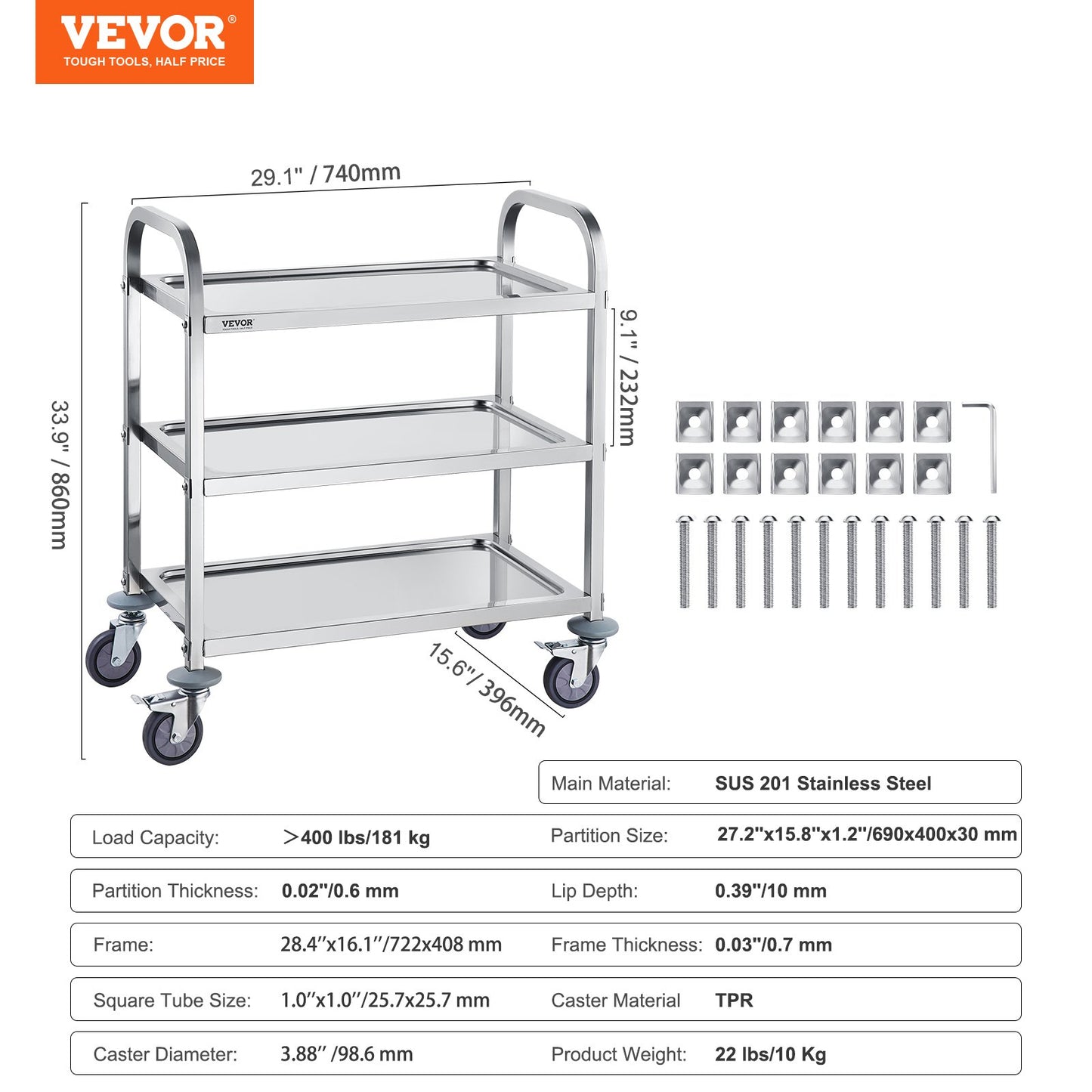 Stainless Steel Cart, 3 Layers Lab Utility Cart 181.4kg Weight Capacity, Medical Cart with Lockable Universal Wheels, for Lab, Clinic, Kitchen, Salon